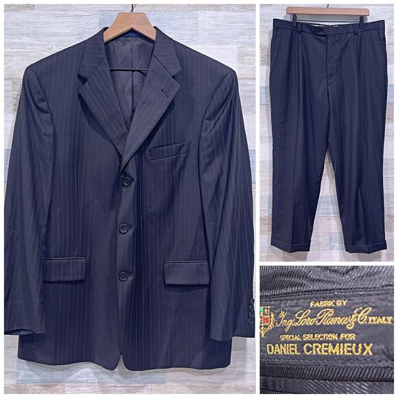 Ing Loro Piana Italy Wool Striped Suit Black Stripe Daniel Cremieux Mens 44S 37W - Picture 1 of 13